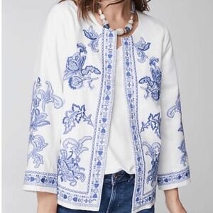J Jill Embroidered Open Front Jacket Floral White Blue Women XL